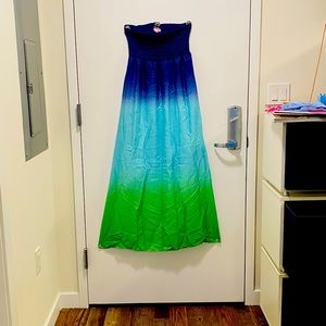 Lilly Pulitzer Strapless/Tube Smocked Satin Dress. Dark Blue, Blue and Green.
